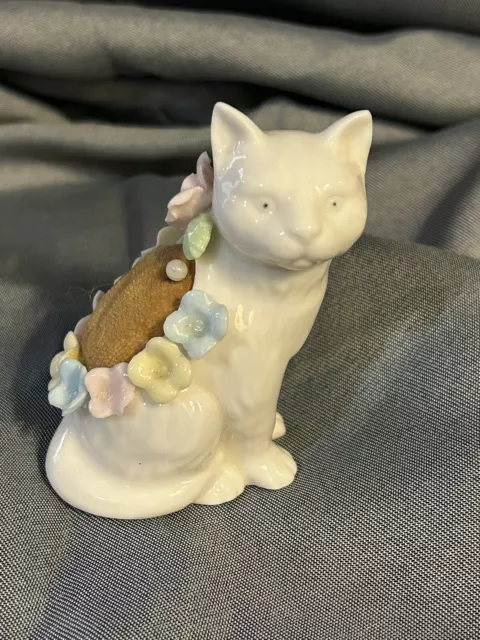 Vintage Porcelain Cat Pin Cushion  Ardalt Japan 3” White W/ Pastel Flowers