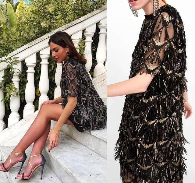Zara fringe dress black cheap
