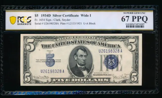 AC 1934D $5 Silver Certificate PCGS 67 PPQ U-A block Wide I Fr 1654 !!!