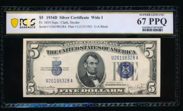AC 1934D $5 Silver Certificate PCGS 67 PPQ U-A block Wide I Fr 1654 !!!