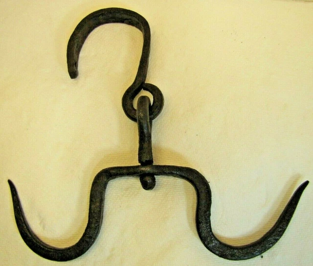 Antique Wrought Iron Double Hook Center Pivot Hanger Blacksmith Fireplace Tool