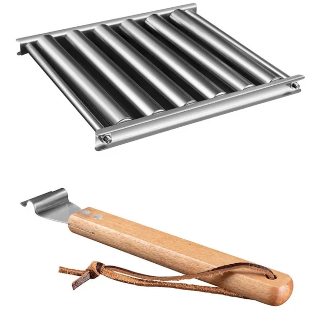 Stainless Steel Sausage Rolling Rack Wooden Handle Grill Accessories  Kabob