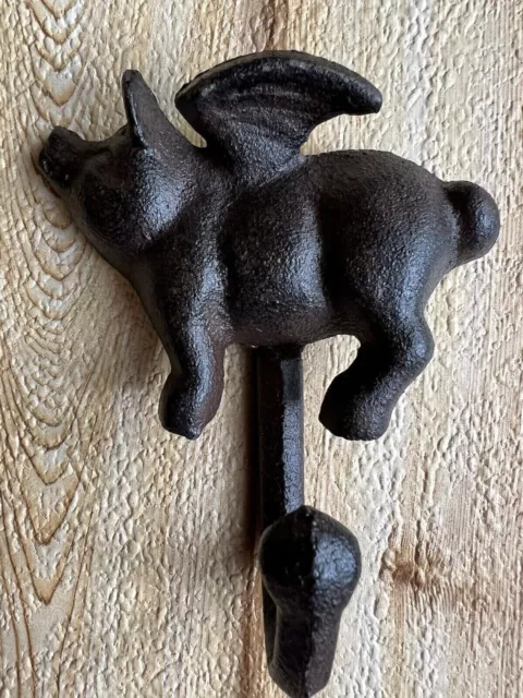 Flying Pig With Wings Wall Hook Cast Iron Key Towel Coat Hanger  Brown