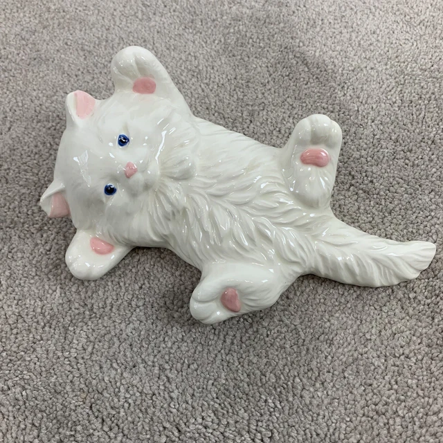 Vintage Ceramic Persian White Kitten Laying Down Kitschy Home Decor