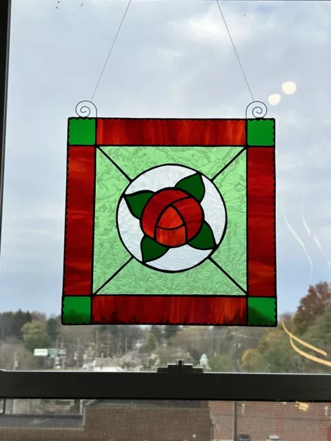 Red Rose Stained Glass Window Panel Handcrafted USA Made