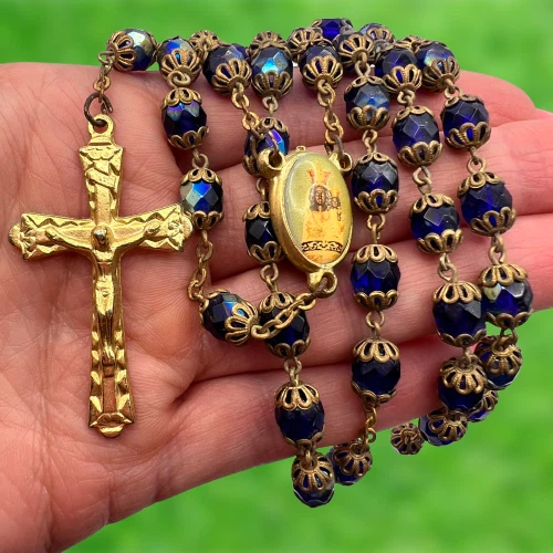 Vintage Catholic Rosary Glass Beads Cross Crucifix Pendant Mary Made in Italy