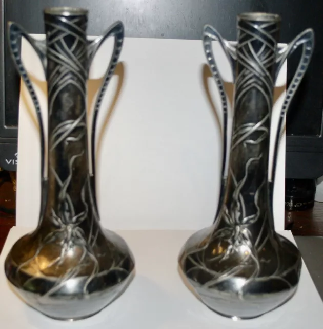Pair Vintage Exquisite Art Nouveau Silver-plated Pewter Vases- Verit NBW