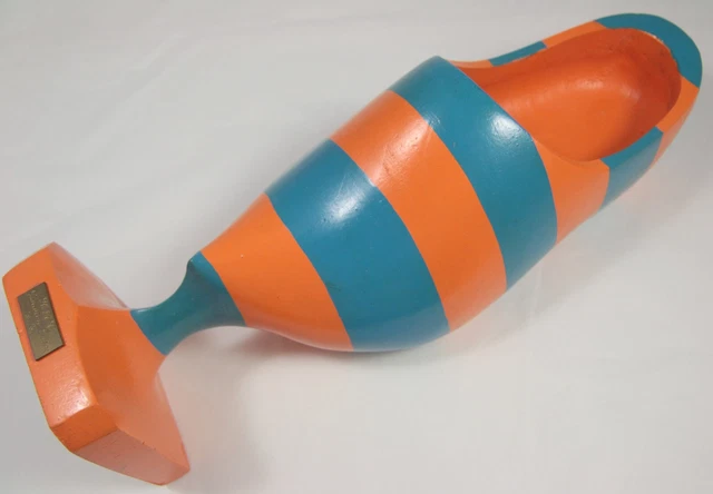 Vintage 1980s Postmodern Orange / Blue Stripe Wooden Clog Trophy Juniorten