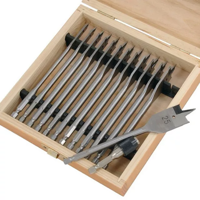 14pc Wood Drill Bit Set Spade Flat Hex Shank 6-25mm 150mm Case & Quick Adaptor