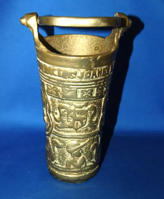 An antique 19th century brass gothic, medieval, church situla, holy water holder