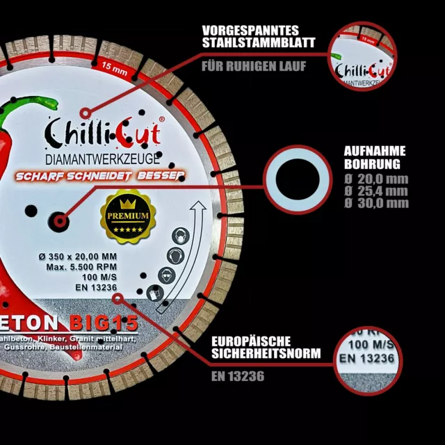 Diamanttrennscheibe 350 Beton Granit Diamantscheibe BIG15 - 15mm Turbosegment 3