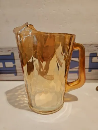 Jeannette Glass Pitcher Hex Optic Iridescent Marigold 56 Ounce 1930s