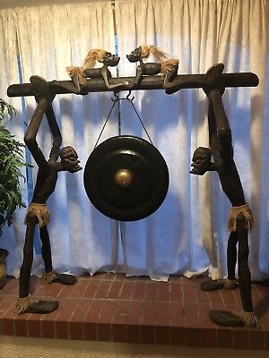 Antique Original African Crafted Wood big tall Statue 18” Gong Stand Art Tribal