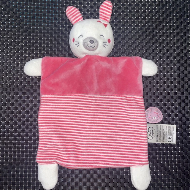 Ca4/ Doudou Plat Mots D'enfants Lapin Rose Blanc Rayé 34Cm État Neuf