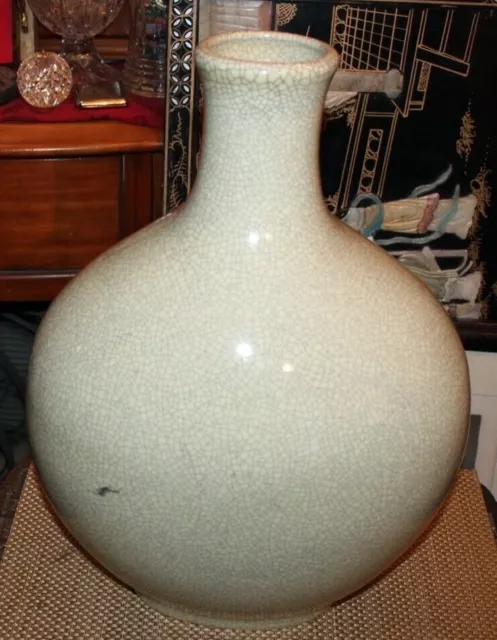 LARGE Chinese Asian Celadon Pottery Vase Crackle Finish