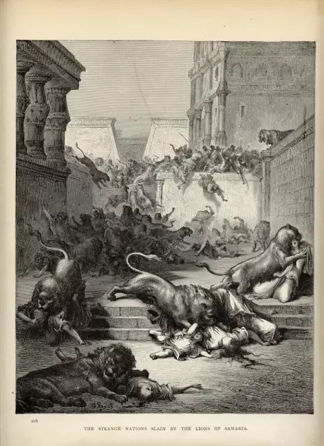 Stampa Antica = 1880 BIBBIA = LEONI DI SAMARIA = di Gustave DORÉ = Old Print