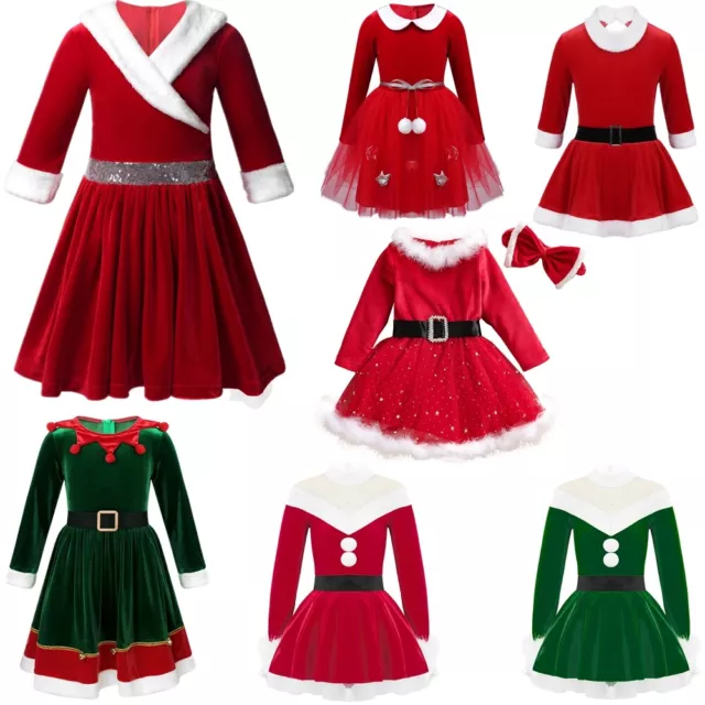 Vêtement De Noël Père Enfant Fille Robe à Manche Longue Velours Robes De Soirée 3