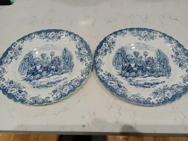 Johnson Brothers. Blue & White Pair Of 10" Plates with Coaching Scene Vintage