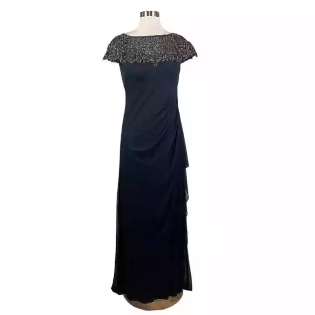 XSCAPE Women's Formal Dress Size 8 Blue Beaded Embroidered Short Sleeve Gown