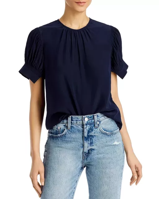 Rebecca Taylor Pleated Puff Sleeve Silk Top Women's M Navy Button Back Closure