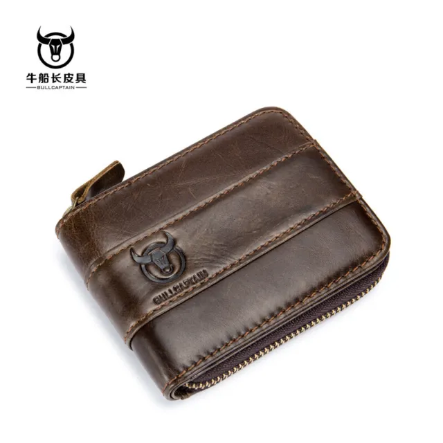 RFID BULLCAPTAIN Mens Genuine Leather Zipper Around Card Slots Coin Wallet Purse