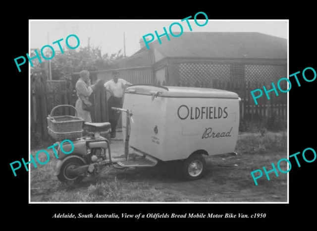 Old Large Historic Photo Adelaide Sa The Oldfield Bread Delivery Motorbike 1950