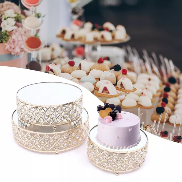 3*Mirror Golden Crystal Cake Stand Round Cupcake Wedding Birthday Dessert Holder