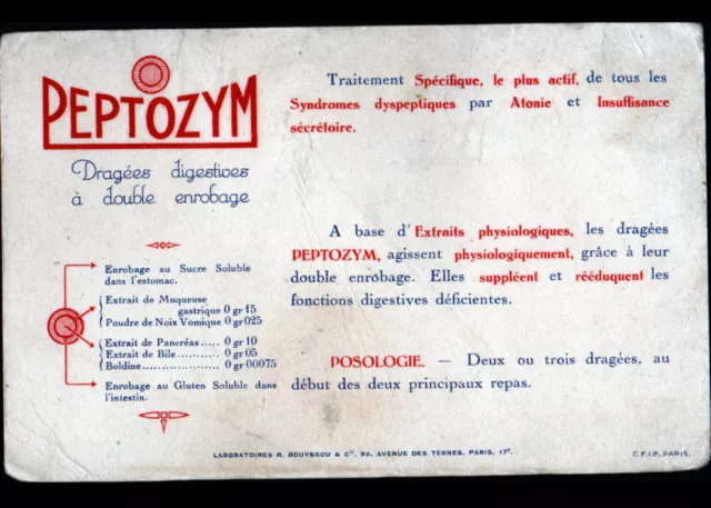 PARIS (XVII°) Buvard REMEDE "PEPTOZYM" PRODUIT PHARMACIE LABORATOIRE "BOUYSSOU"