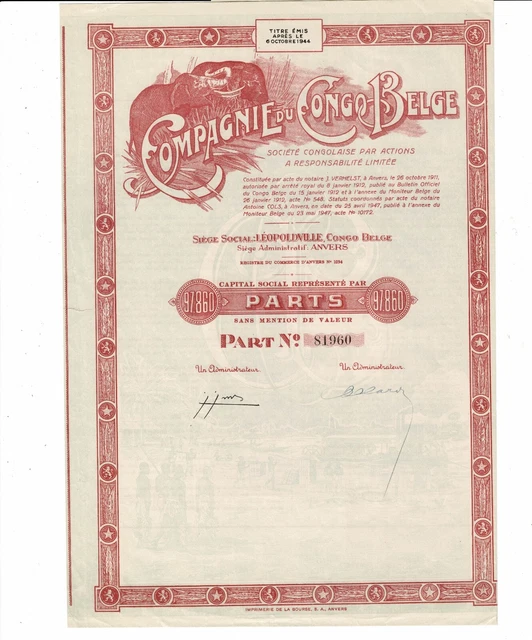 Compagnie du Congo Belge - Léopoldville  Anvers 1947 - Part