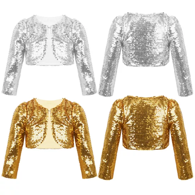 Kids Girls Long Sleeve Sequins Jacket Bolero Shrug Cardigan Coat Casual Wear