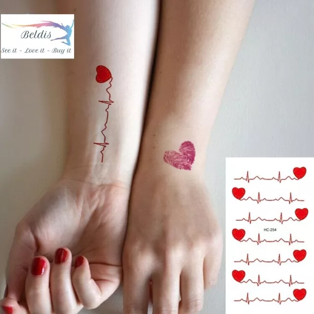 Flash Jetable Temporaire à Coller Tatouage Coeur Rythme Cardiaque Rouge Cadeau