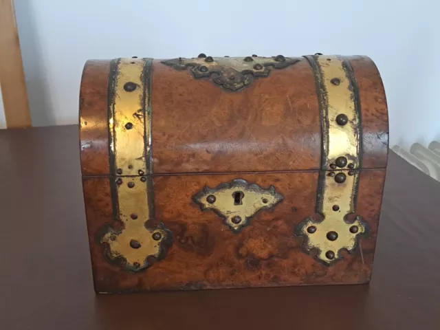 Antique Gothic Revival Burr Walnut Brass Overlay Tea Caddy With Two Cannisters.