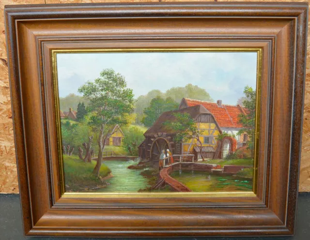 Original Ölgemälde F. Gotthardt Massivholzrahmen Wassermühle 46 x 55 cm 20. Jhd.