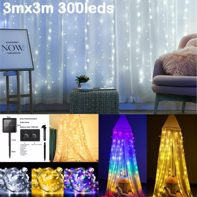 300 LED Solar Curtain Fairy Lights Mains Plug in String Light Xmas Party Wedding 3