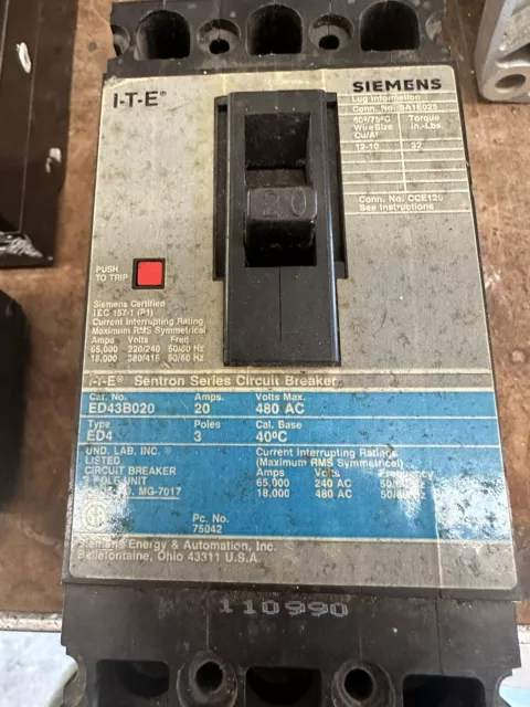 20 Amp Siemens Ite Breaker Ed43B020 480 Vac 3 Pole **Warranty Included**