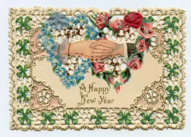 Antique Victorian Die Cut Card*Happy New Year*Embossed*Glitter*Hands*Shamrocks
