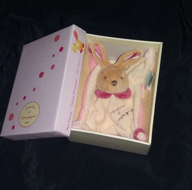 DOUDOU ET COMPAGNIE LAPIN PLAT ECRU ROSE NOEUDS NEUF avec sa boîte