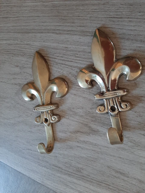 Vintage pair of 2 French brass wall coat hat hook Fleur de lys bronze gold color 18