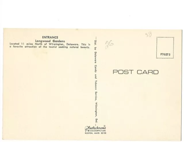 Postcard - Entrance Longwood Gardens - Wilmington Delaware, DE - c1960 2