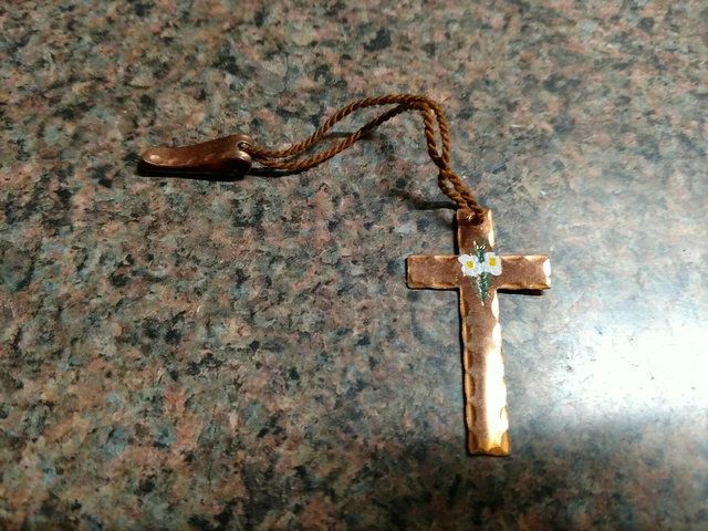 Vintage hammered copper Cross Christian bookmark hand painted Lily Flowers