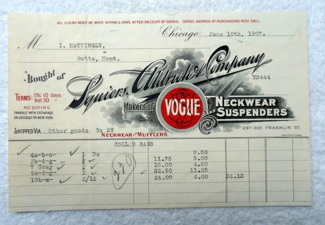 1907 Illustrated Billhead Squiers Aldrich Co Vogue Neckwear Mufflers Chicago #B5