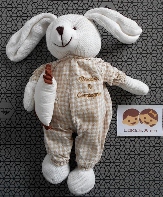DOUDOU et COMPAGNIE LAPIN CHIEN ? COUSSIN TRICOT TISSU VICHY BEIGE 26 cm D1079