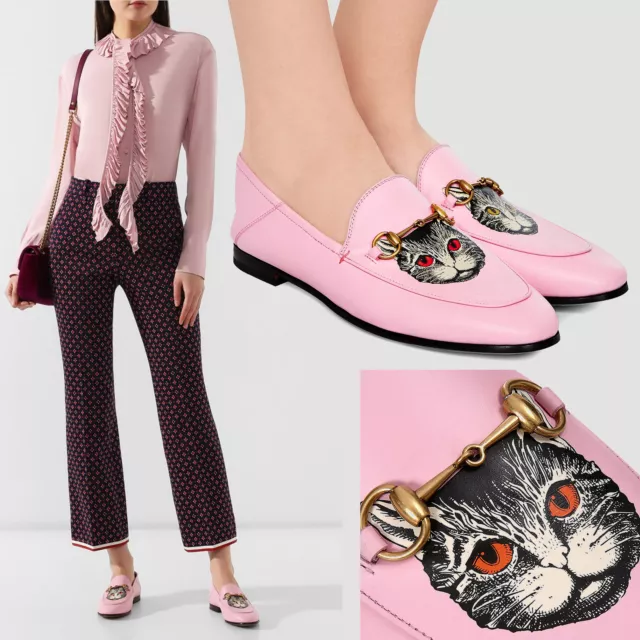 GUCCI SHOES BRIXTON PINK LEATHER LOAFER MYSTIC CAT w HORSEBIT $890 sz 36 6 US