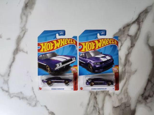 (2 NEW) Hot Wheels 1969 & 2020 Hell Cat Dodge Charger 500 Purple Then and Now