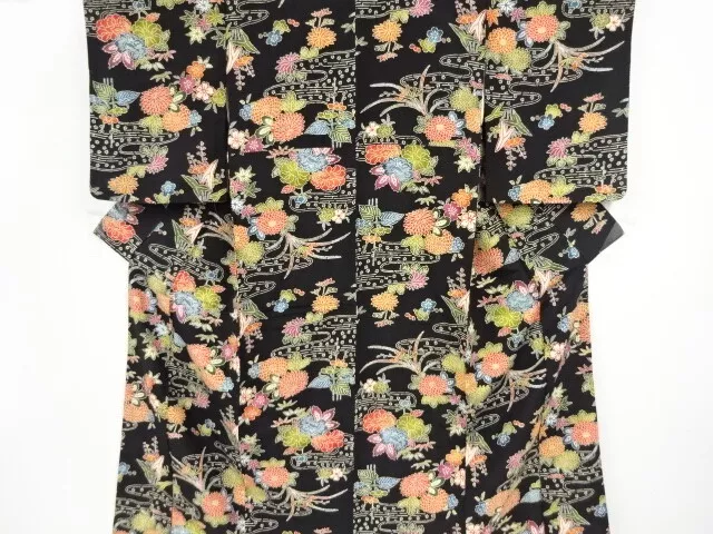 38613# Japanese Kimono / Antique Kimono / Kiku With Peony & Floral Plants