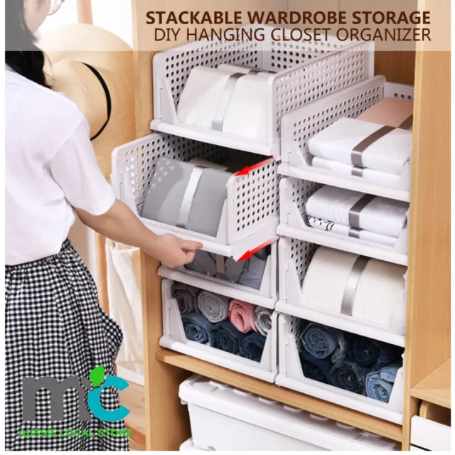 2Pcs Stackable Wardrobe Storage DIY Hanging Closet Organizer Clothes Shelf Rack