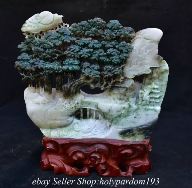 10.4" Chinese Natural Dushan Jade Carved Mountain Tree Bridge Figure Statue