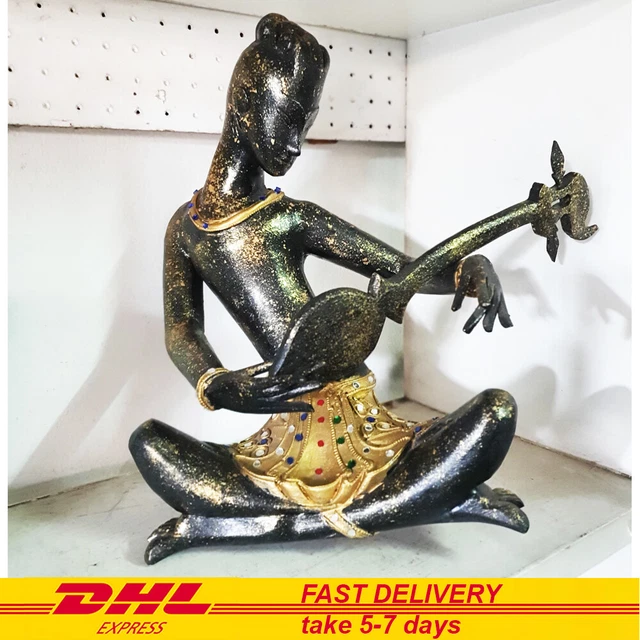 Wood Musician Figure Hand Carving Sculpture Thai Traditional Style Home Decor