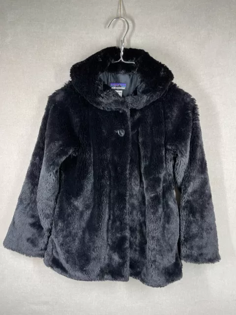 Patagonia Coat Girls M 10 Black Faux Fur 2 Button Soft