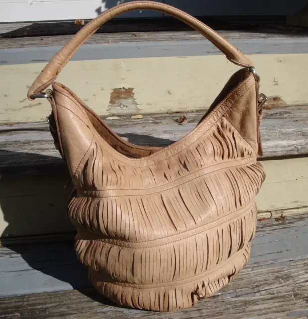 LIEBESKIND BERLIN Tan Leather Boho Hobo Bucket Hippie Handbag Fringe Cut Large